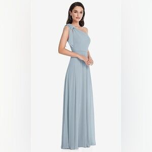 After Six NWOT DRAPED ONE-SHOULDER MAXI DRESS WITH SCARF BOW IN MIST Size 4